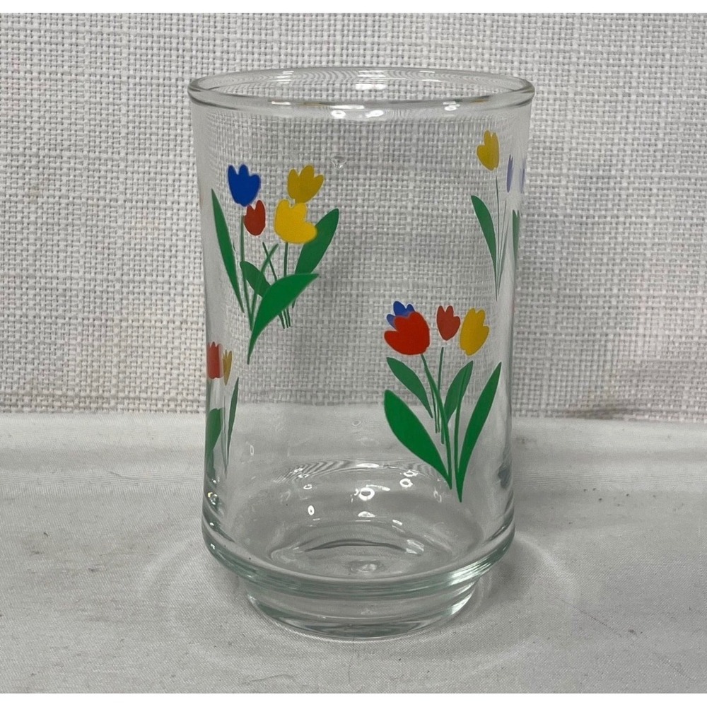 Libbey Vintage Juice Glass Primary Color Tulip Floral Pattern Clear Tumbler 4in